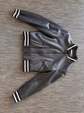 Black Leather Bomber Jacket with Striped Trim